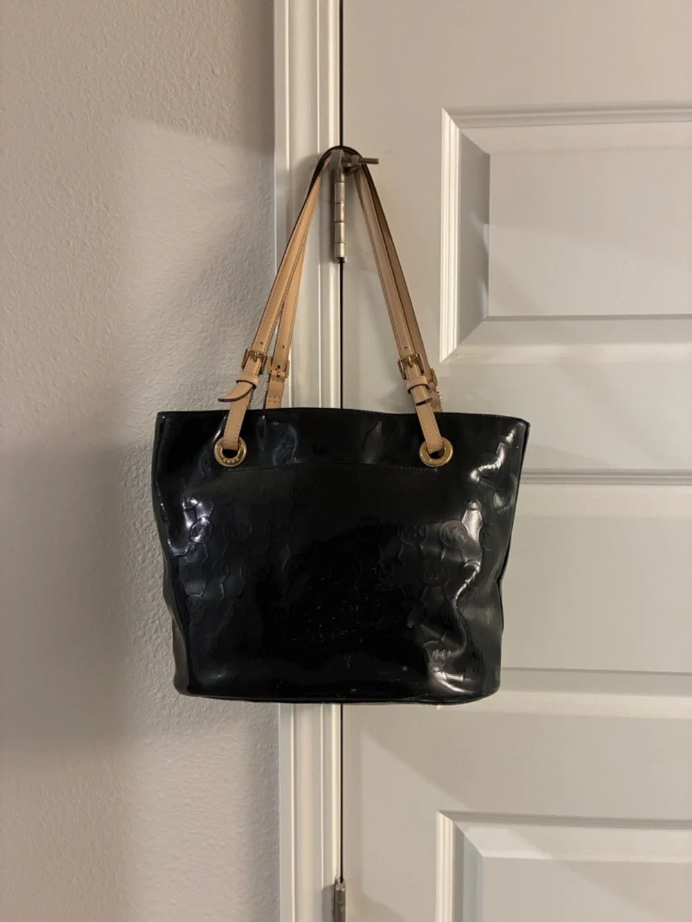 Michael Kors Black Patent Tote with Tan Handles - Picture 1 of 3